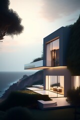 Future architecture, luxury house in fantasy style on the sea beach
