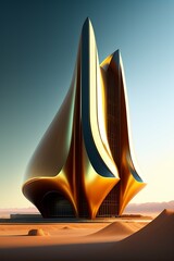 Future architecture, luxury house in fantasy style in the desert, made of gold