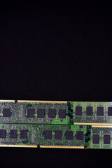 Blue RAM bars on a black background. Computer memory chips. Computer chips.