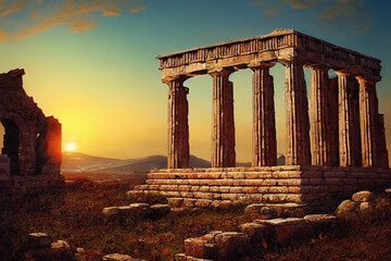 Obraz premium remains of an ancient building at sunset, mediterranean climate made with Generative AI