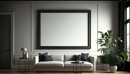 A contemporary and modern apartment interior design with a mockup blank big frame on the wall in the living room, Generative Ai