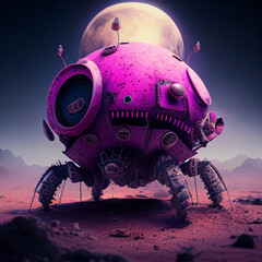 Pink round robot with four tentacles and a round porthole. planet in the background.  Machine from the future
