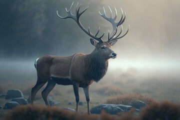 Deer in smoky forest. Illustration AI Generative