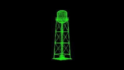3D water tower on black bg. Object dissolved green flickering particles. Business advertising backdrop. Science concept. For title, text, presentation. 3D animation.
