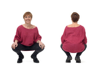 back and front view of  same woman squatting on white background