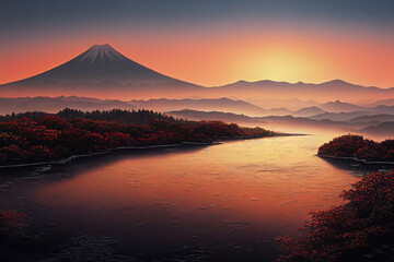 Fototapeta premium stunning Japanese landscape with mountains at sunrise made with Generative AI