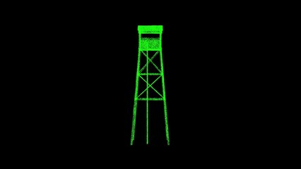 3D observation tower on black bg. Object dissolved green flickering particles. Business advertising backdrop. Science concept. For title, text, presentation. 3D animation.