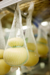 Delicious fresh Caciocavallo and Scamorza cheese hanging. Italian cheeses close up. The cheeses are...
