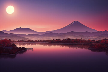 stunning Japanese landscape with mountains at sunrise made with Generative AI