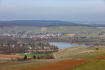 Fototapeta na wymiar View over the vineyards to the Breitenbacher See near Obersulm on a sunny winter day with the houses of Loewenstein