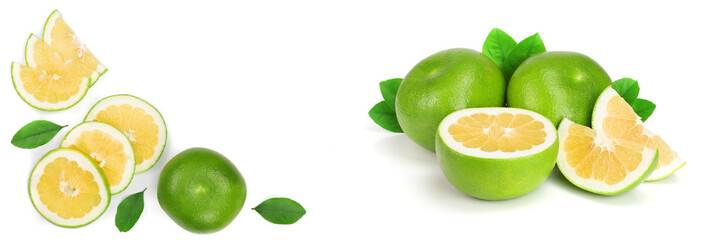 Citrus Sweetie or Pomelit, oroblanco with leaf isolated on white background with copy space for your text. Top view