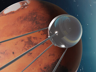 Old style satellite near the Mars planet of solar system in outer space. 3D rendered illustration. Elements of this image where furnished by NASA