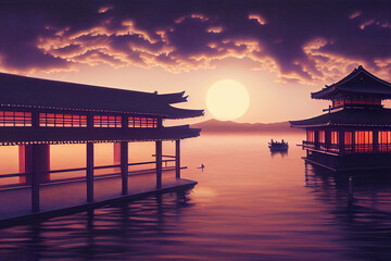 Fototapeta premium traditional japanese building during sunset made with Generative AI