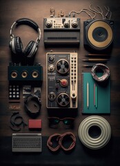 Top view of analog and digital equipments of DJ set. Generative AI.