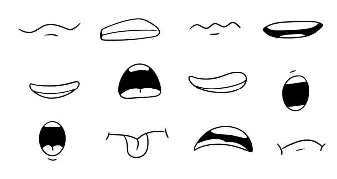 Cartoon mouth smile, happy, sad expression set. Hand drawn doodle mouth, tongue caricature emoji icon. Funny comic doodle style. Vector illustration.