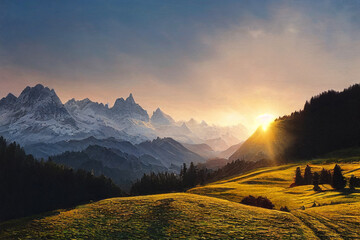 stunning swiss landscape with mountains at sunrise made with Generative AI - obrazy, fototapety, plakaty