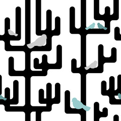 Trees and birds pattern seamless. Baby fabric texture