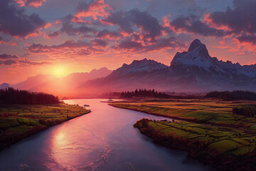 stunning swiss landscape with mountains at sunrise made with Generative AI