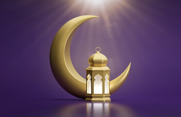 Ramadan Kareem. Ramadhan or Eid Mubarak greeting background. Golden Moon and lantern 3d render