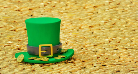 Saint Patrick's day green leprechaun hat with golden coins. 3d render illustration. St patrick day background