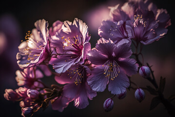 Fototapeta na wymiar adorable fantasy beautiful branch, mild fairy mist, dee purple plum blossom, plum blossom.generative ai.