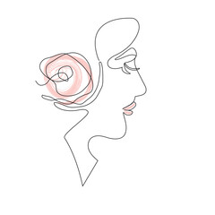 Elegant one-line sketch of a female abstract face. Drawing of a woman face in a minimalist style. Fashionable illustration for print cosmetic, postcard, banner.  line Art. fashion, beauty vector