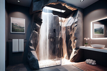 Spacious modern luxury bath with rock in shower. generative AI