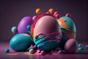 90's colored artistic Easter eggs with vibrant patterns and splatters of paint creating a playful, energetic vibe. AI generated.