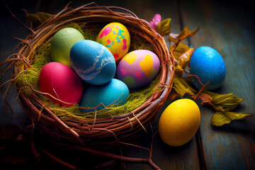 Fototapeta na wymiar Brightly painted Easter eggs in a variety of colors nestled together in a cozy nest. AI generated