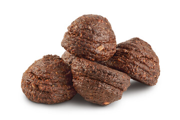 chocolate cookie with kerob, banana, cashew, sunflower seeds and coconut paste isolated on white background. Healthy food, gluten-free, flour-free