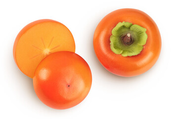 Persimmon fruit isolated on white background with full depth of field. Top view. Flat lay