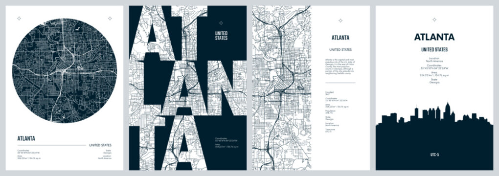 Set of travel posters with Atlanta, detailed urban street plan city map, Silhouette city skyline places of interest, vector artwork