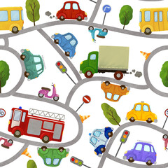 Cars seamless pattern. Different type of city transport on roads with traffic lights, signs and trees. Cute hand drawn illustration. High resolution, 300 dpi, white background