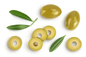 Deurstickers Green olives with leaves isolated on a white background with full depth of field. Top view. Flat lay © kolesnikovserg