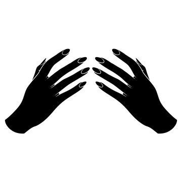 Two raised up beautiful female hands with long nails. Praying gesture. Black and white negative silhouette.