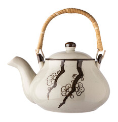 Stylish teapot for brewing tea with a wicker handle. Isolated object on a transparent background. Element for design