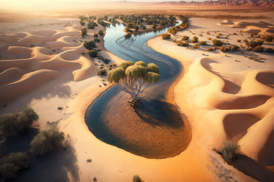 Oasis In The Desert, Panoramic Aerial View, Illustration Ai