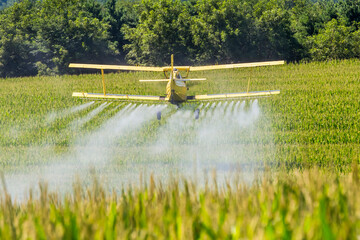 Yellow Crop Duster Spraying Pestisides On Crops