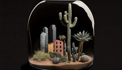 City under glass. AI-generated illustration of a desert city in a glass terrarium. MidJourney.