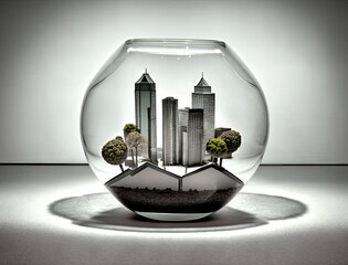 City under glass. AI-generated illustration of a city in a glass terrarium. MidJourney.