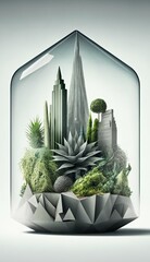 City under glass. AI-generated illustration of a city in a glass terrarium. MidJourney.