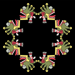 Geometrical ethnic frame with Aztec skulls with open mouths and tongues stick out. Native American symbol from Mexican codex. On black background.