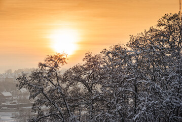 Golden sunset on a winter evening. View from the hill to the forest, houses and the road