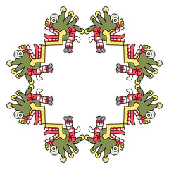 Geometrical ethnic frame with Aztec skulls with open mouths and tongues stick out. Native American symbol from Mexican codex. Isolated vector illustration.