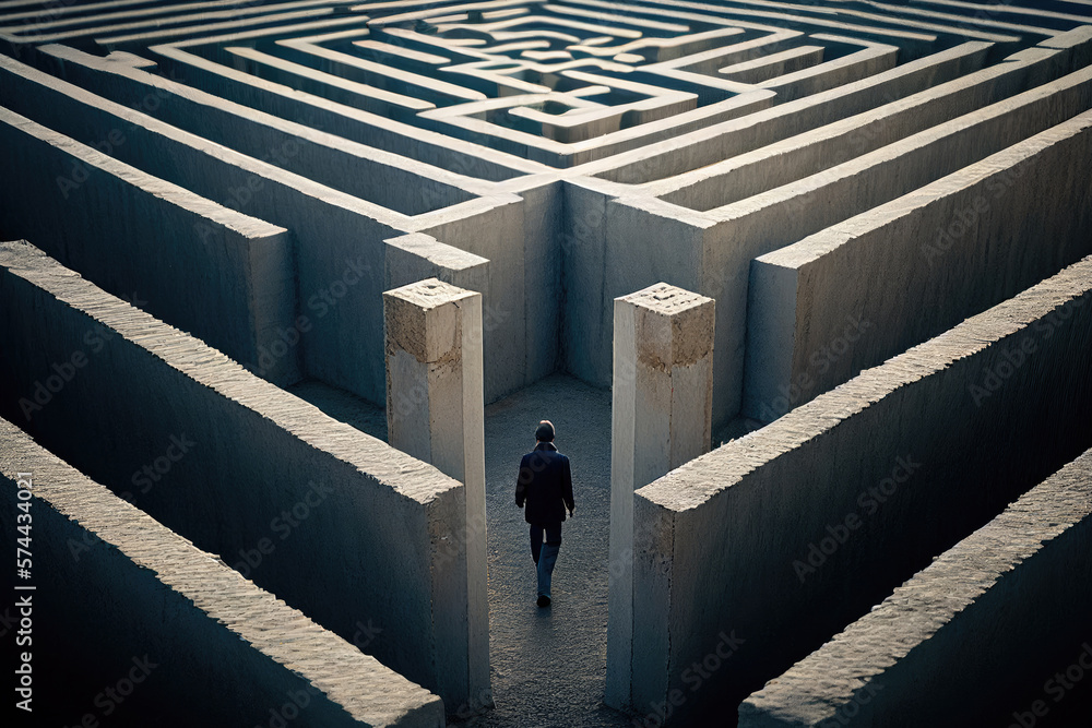 Poster man in maze is looking for way out. concept of finding right solutions in life. figure of man in lab