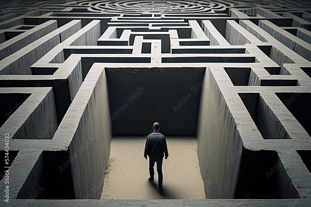 Poster man in maze is looking for way out. concept of finding right solutions in life. figure of man in lab