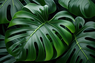 Fototapeta na wymiar Abstract natural background. Exotic tropical leaves pattern. Creative background with monstera leaves. Jungle fauna. Created with Generative AI