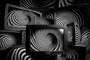 Concept of propaganda and fake news, TV addiction. A lot of retro TV in dark room with spiral illusion effect on screens. Politicians manipulate the population. Created with Generative AI