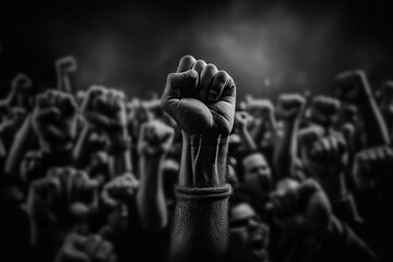 Protest activists. Crowd with raising fists at city street. Group of aggressive people protesting for human rights. Angry people make revolution. Created with Generative AI