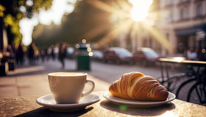 Breakfast in Paris. Enjoying croissant and cappuccino in a caf&eacute; in the city during a sunny day. Background blur, lens flare. Generative AI.